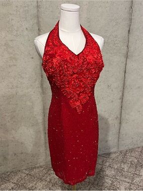 Vintage Y2K Red Silk Halter Dress Beaded Rosette Formal Glam Size Small